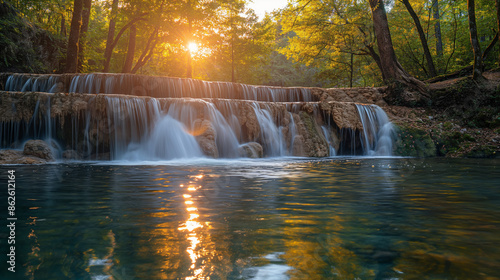 Sunbeams filtering through the trees and the basin of a waterfall, realistic photograph style.
