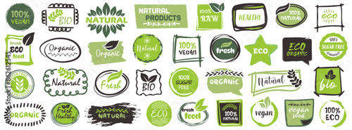 Organic products label. Set of green brush badges for healthy food. Organic, bio, vegan, raw, healthy food, sugar free, fresh grunge badges collection