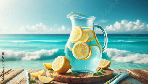 Frische Zitronen Limonade auf einem Bord mit Meereshintergrund photo