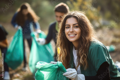 ecolology volunteer cooperation to clean garbage concept photo