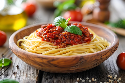 tasty italian spaghetti pasta with red pesto bolognese sauce in a wooden bowl, close up