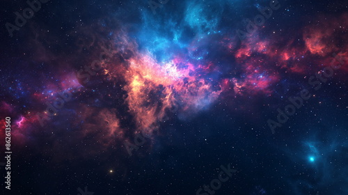A colorful nebula glows brightly against the backdrop of a dark, star-filled sky. The nebula features shades of pink, blue, and yellow, creating a visually striking contrast photo
