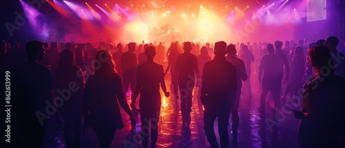 Silhouette image of people in ultraviolet light dance in disco night club to music from DJ on stage . New year night party and nightlife concept © Zahfran