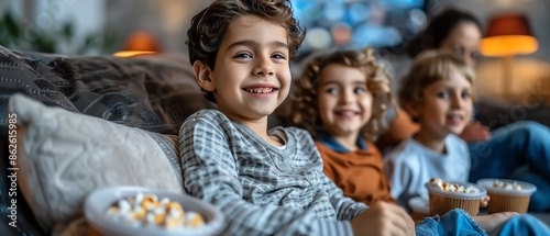 Parents and children enjoying a movie night at home, designed with ample copy space for text Use expert design techniques to create a cozy, inviting scene