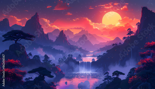 beutiful nature landscape illustration, sunset view on montain with lake and waterfall