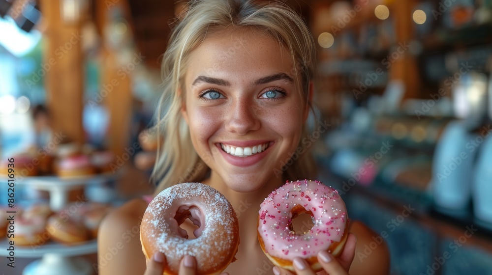 Caucasian woman holds up bright donuts, with more delicious treats displayed on a plate. The warm ambiance enhances her joyful expression. Caucasian woman holds up bright donuts, with more delicious treats displayed on a plate. The warm ambiance enhances her joyful expression.