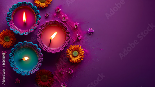 Top down view of oil lamps with daisy flowers decoration in Diwali festival. photo