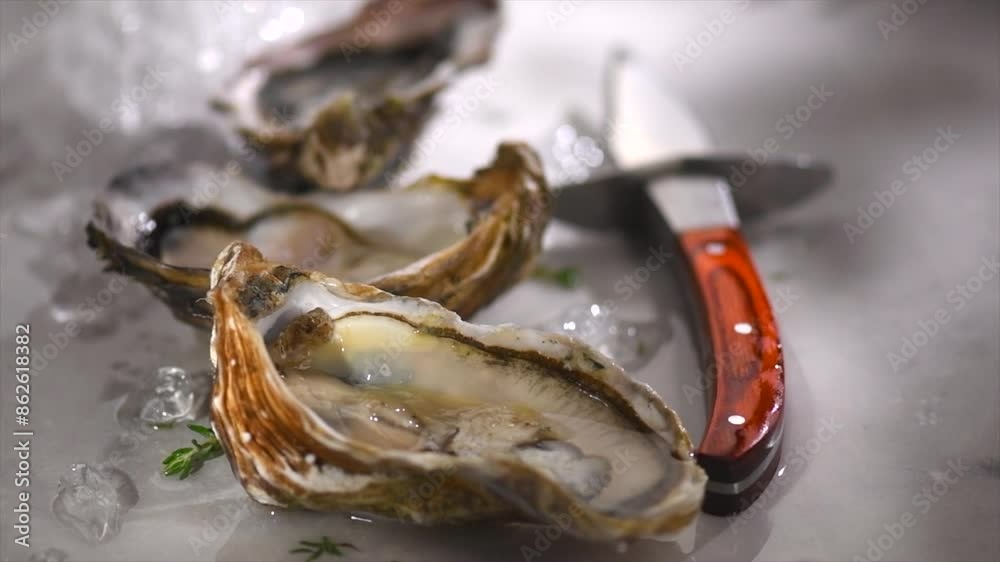 Oysters on ice with knife, close up, open french oysters. Healthy sea food. French Oyster dinner in restaurant. Gourmet food, delicatessen. Grey background.