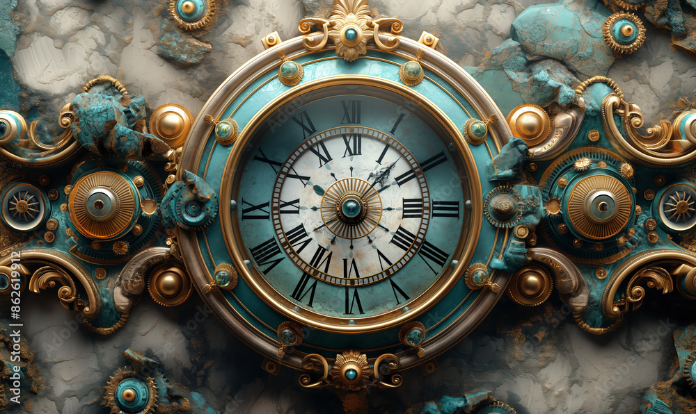 Obraz premium Blue and Gold Clock on Marble Wall