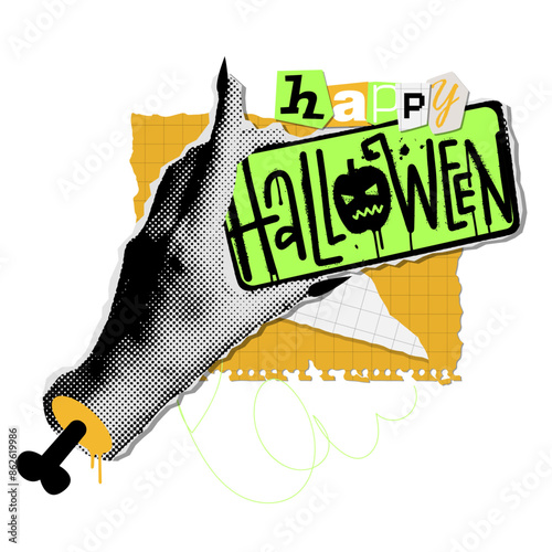 Torn out halftone collage zombie hand holding phone with graffiti words Happy Halloween. Holiday concept with paper layered elements. Vector illustration.