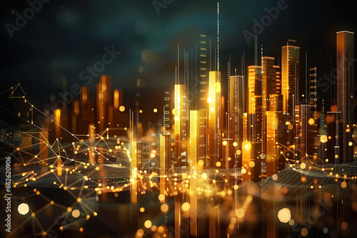Gold Bar Graph with Cityscape Showing Business Growth and Market Trends - Dynamic Lighting and Glowing Data Points