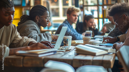 A group of friends studying together in a cozy coffee shop with books and laptops open on the table.