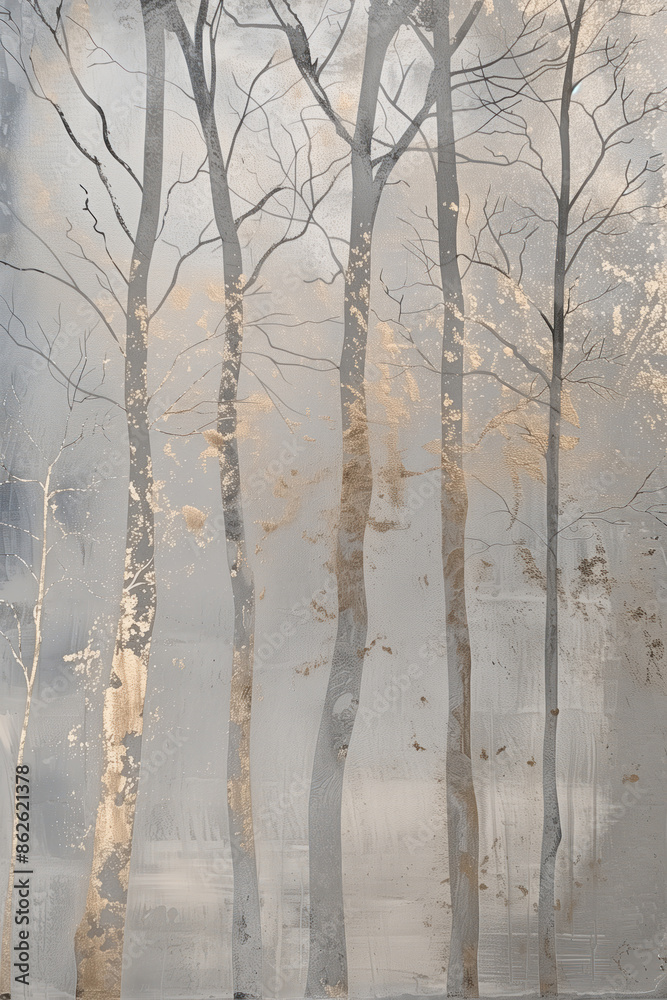 Canvas poster: trees in gray-golden and blue-beige tones in wallpaper style Canvas poster: trees in gray-golden and blue-beige tones in wallpaper style
