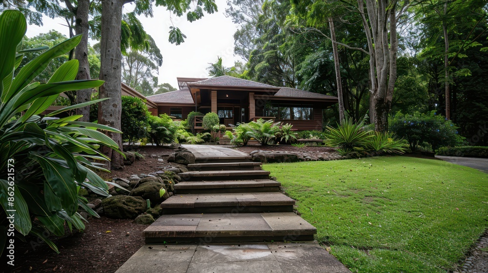 A house with a large yard and a stone walkway leading up to it. The yard is lush and green, with a variety of plants and flowers. The house has a modern design and he is well-maintained A house with a large yard and a stone walkway leading up to it. The yard is lush and green, with a variety of plants and flowers. The house has a modern design and he is well-maintained