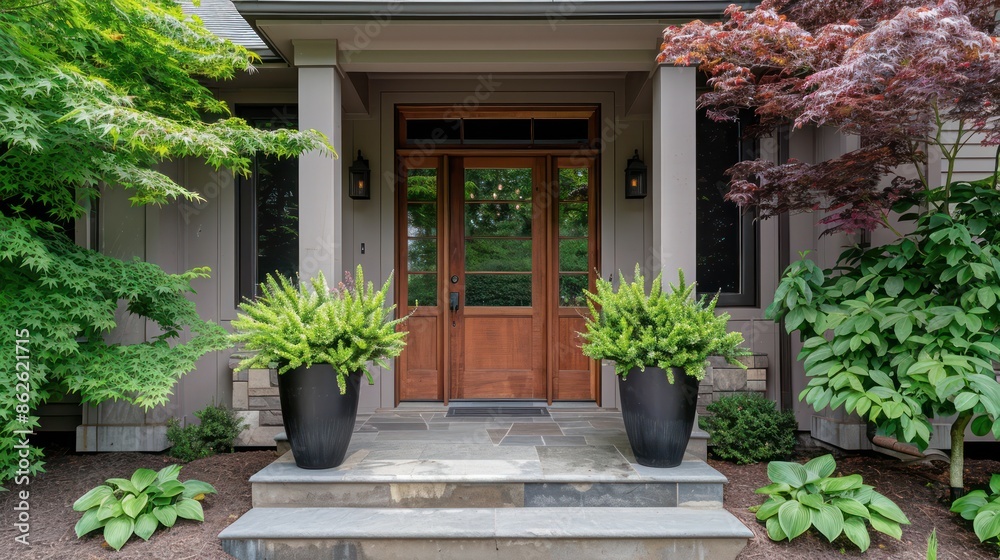 A house with a large front door and a porch with potted plants. The house has a modern design and is surrounded by greenery A house with a large front door and a porch with potted plants. The house has a modern design and is surrounded by greenery