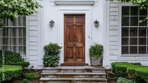 A white house with a brown front door and a porch with potted plants. The door has a wooden frame and a brass handle