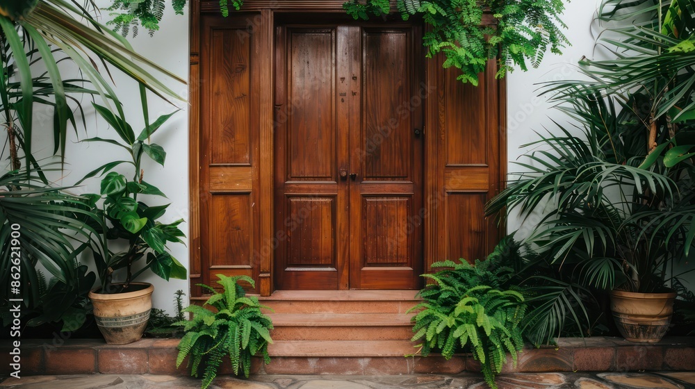A wooden door with a green plant in front of it A wooden door with a green plant in front of it