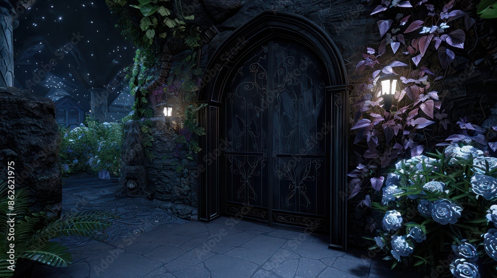 Obraz premium A dark, mysterious entrance to a cave with a large archway. The entrance is surrounded by plants and flowers, giving it a serene and peaceful atmosphere