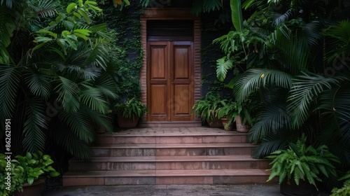 A wooden door with a green door frame is in front of a lush green garden. The door is open, and the garden is full of plants and flowers. The scene has a peaceful and serene mood