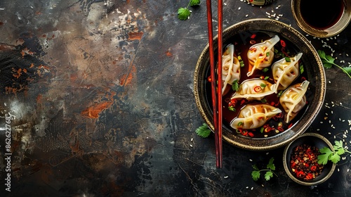 Traditional Chinese wontons on rustic background with copyspace photo