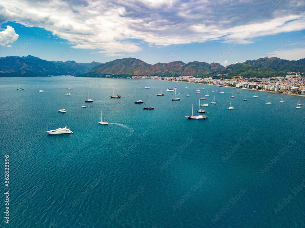 Aerial view of sailboats and boats along the coast, Marmaris, Turkey.