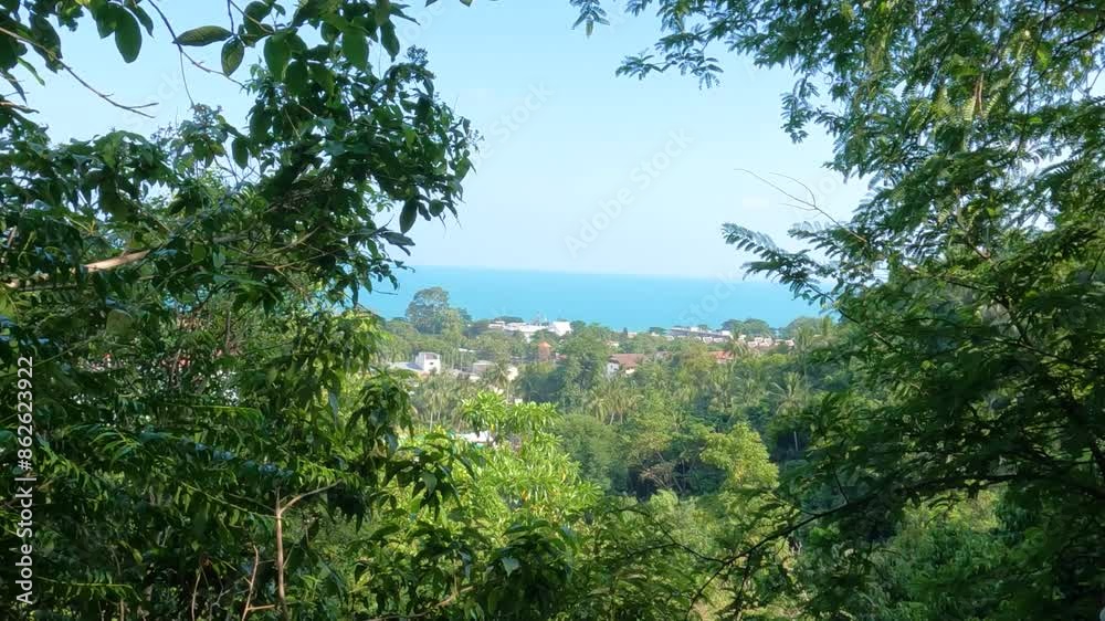 Scenic views from a cable car passing through lush forest in Koh Samui, with glimpses of the ocean in the distance. Scenic views from a cable car passing through lush forest in Koh Samui, with glimpses of the ocean in the distance.