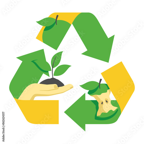 Food recycling - sign with fruit turns to waste and then turns to plant