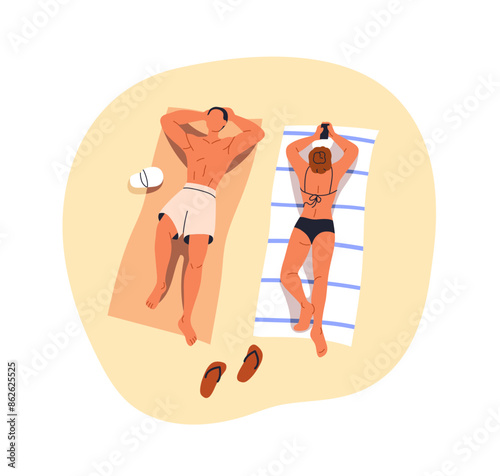 Couple on summer beach. Man and woman sunbathing, relaxing with mobile phone ...