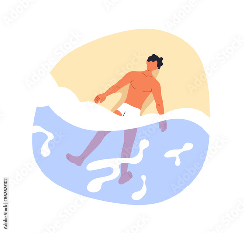 Man relaxing, enjoying sea water wave, lying on beach sand. Chilling person sunbathing, relaxing, enjoying serene summer vacation, relaxation. Flat vector illustration isolated on white background