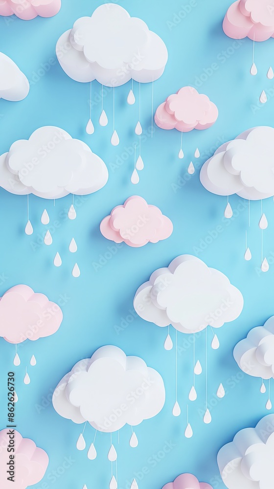Soft pastel wallpaper with rain clouds and falling drops, matte finish. Soft pastel wallpaper with rain clouds and falling drops, matte finish.