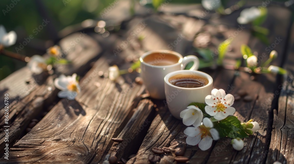 Espresso Cups and Spring Blossoms on Old Wooden Boards in Sunlight Espresso Cups and Spring Blossoms on Old Wooden Boards in Sunlight