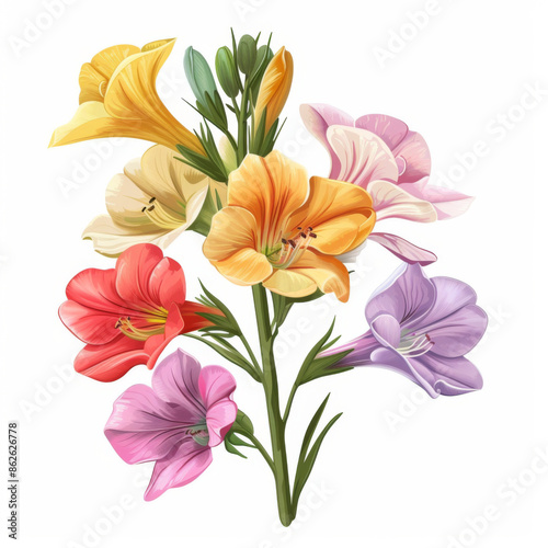A vibrant watercolor illustration of various flowers in bloom, featuring different colors and types for artistic and botanical interest.