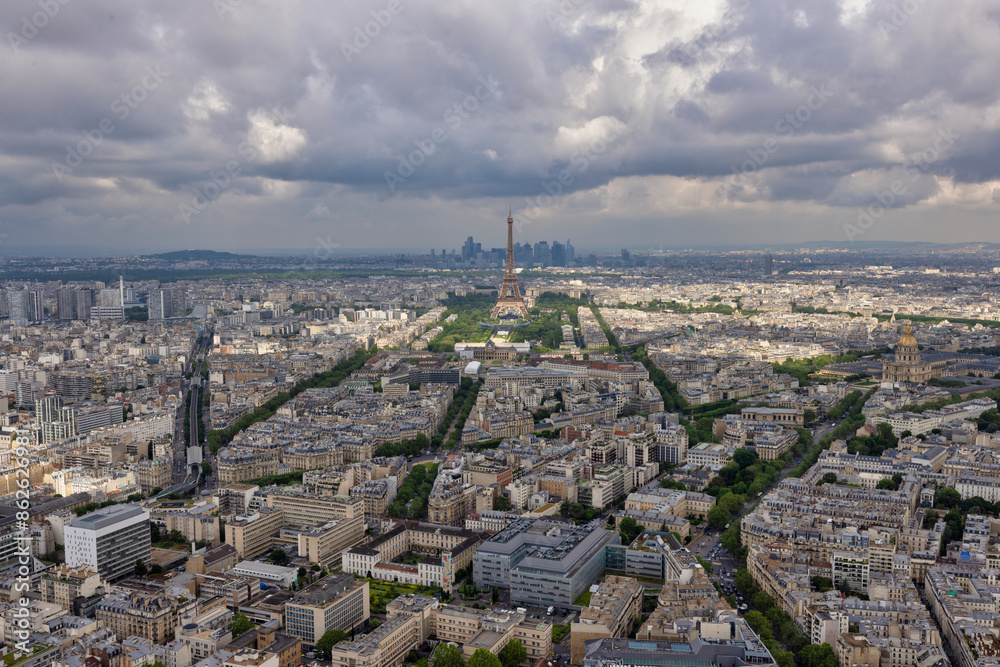 Aerial view of Eiffel Tower and Paris skyline, Ile de France, France. Aerial view of Eiffel Tower and Paris skyline, Ile de France, France.