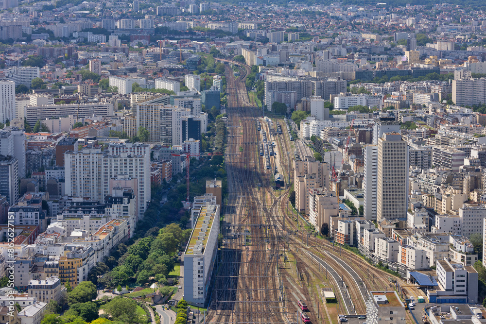 Aerial view of historic train station and railway tracks in downtown Paris, France. Aerial view of historic train station and railway tracks in downtown Paris, France.