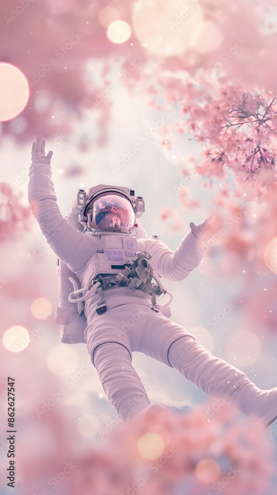 A space explorer surrounded by cherry blossoms, creating a dreamlike scene of science and nature. A space explorer surrounded by cherry blossoms, creating a dreamlike scene of science and nature.