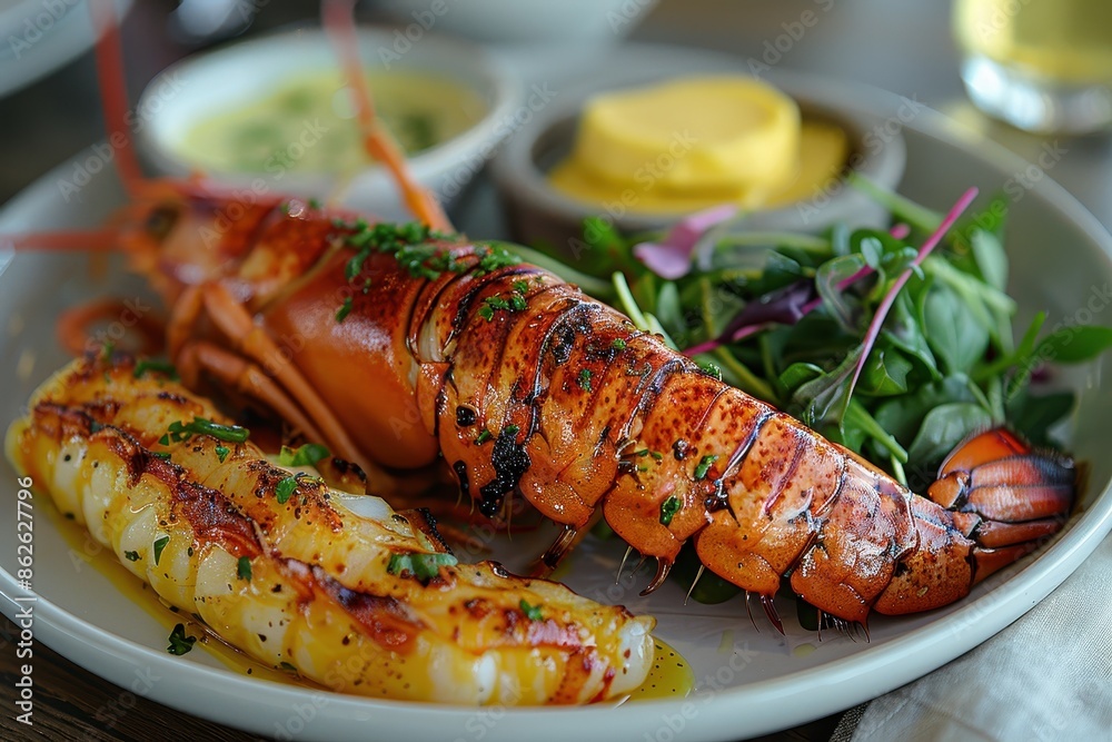 A luxurious plate of poached lobster, served with a side of drawn butter and a small salad of mixed greens. A luxurious plate of poached lobster, served with a side of drawn butter and a small salad of mixed greens.