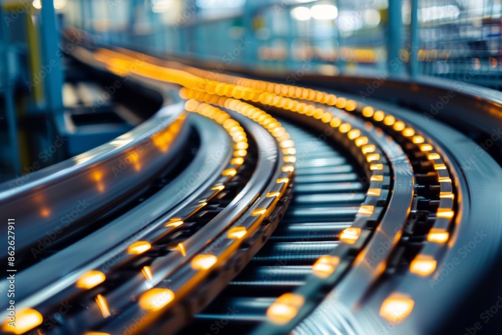 Dynamic close-up view of industrial conveyor belts in motion, illustrating automated manufacturing process Dynamic close-up view of industrial conveyor belts in motion, illustrating automated manufacturing process
