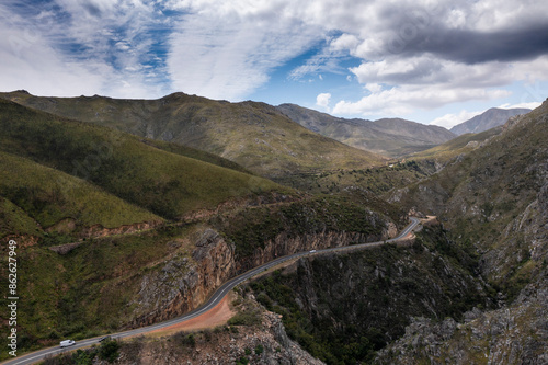 Aerial view of winding mountain road in Franschoek, Western Cape, South Africa. photo