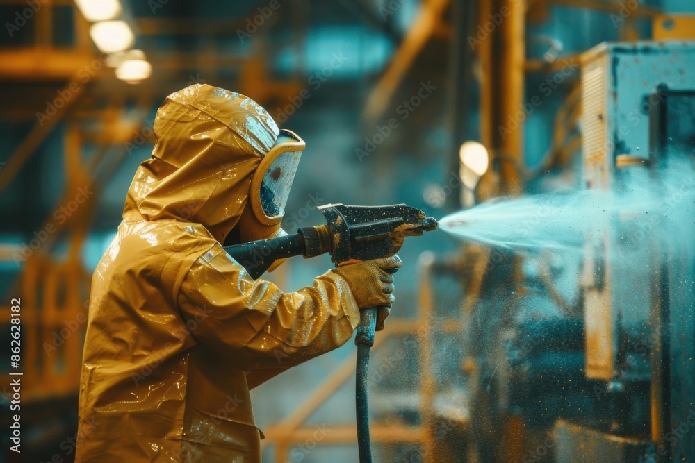Coating Process: Woman in Protective Gear Spraying Powder Paint on Metal Parts Coating Process: Woman in Protective Gear Spraying Powder Paint on Metal Parts