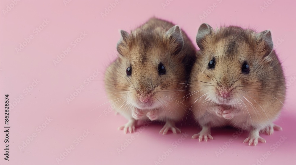 Two dwarf hamsters on pink background with space for text Two dwarf hamsters on pink background with space for text