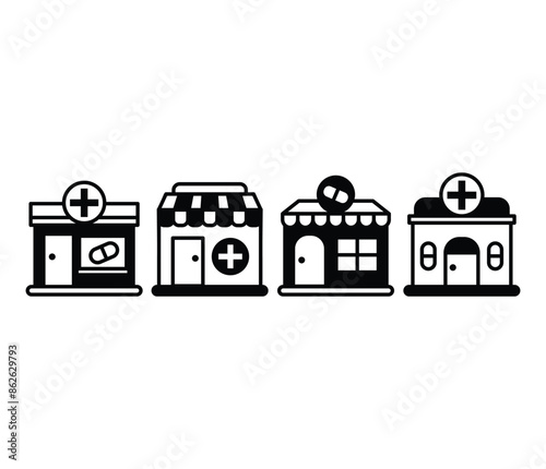 pharmacy store building shop street icon symbol black white color simple flat illustration collection sets