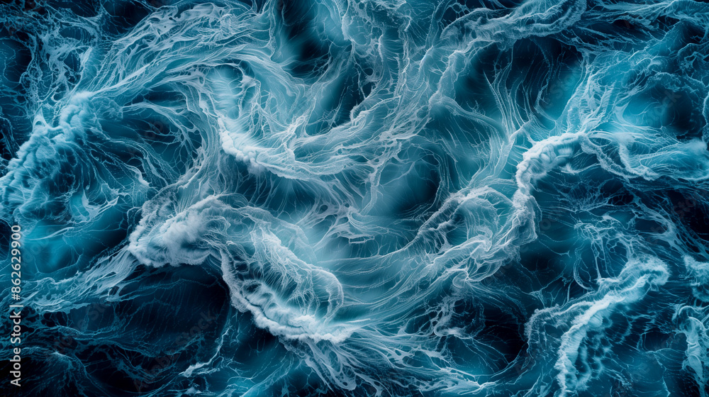 Obraz premium The image is of a large body of water with waves crashing against the shore. The water is a deep blue color, and the waves are white and choppy. Scene is one of power and energy