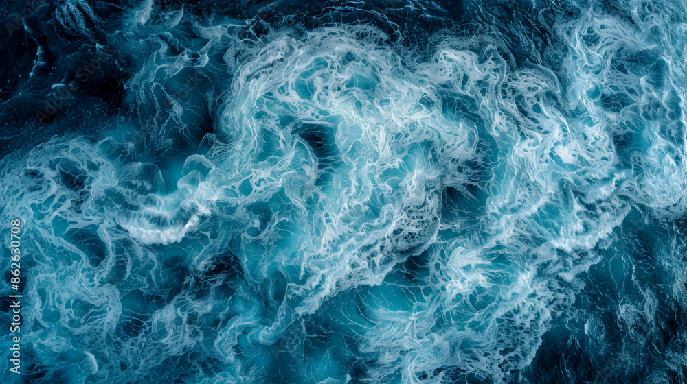 Obraz premium A large body of water with a lot of white foam and bubbles. The water appears to be very choppy and rough, with waves crashing against the shore. Scene is one of turbulence and energy