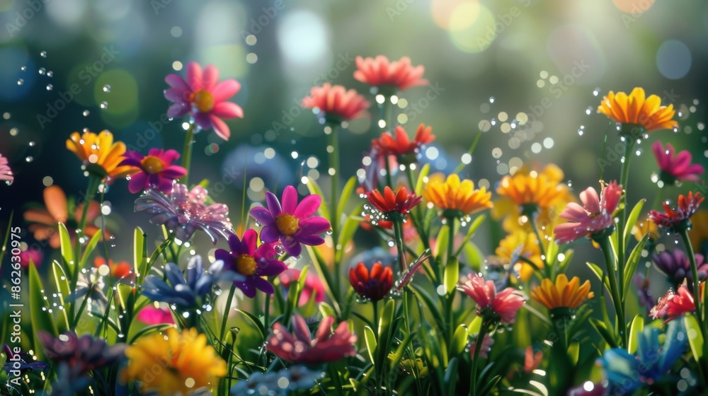 Vibrant Spring Flowers in Bloom with Morning Dew Vibrant Spring Flowers in Bloom with Morning Dew