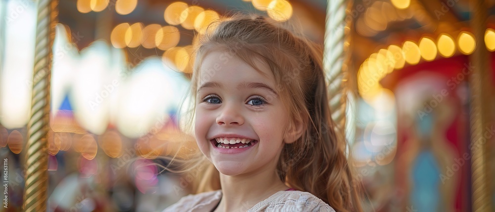 A happy young girl expressing excitement while on a colorful carousel, merry-go-round, having fun at an amusement park A happy young girl expressing excitement while on a colorful carousel, merry-go-round, having fun at an amusement park
