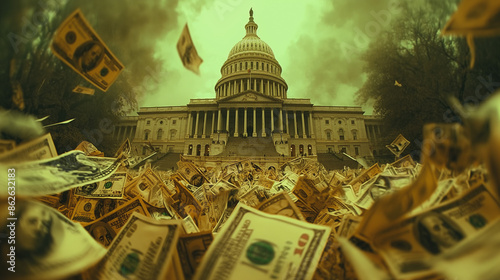 top-down view of the U.S. Capitol building, surrounded by a large amount of U.S. currency, symbolizing the intersection of politics and finance. photo