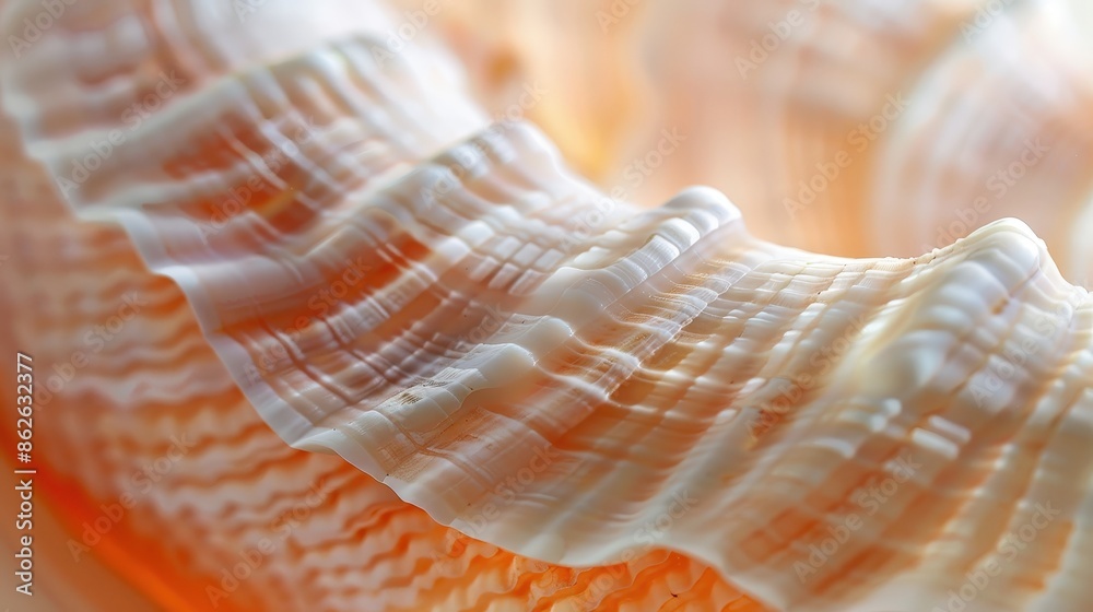 A close-up view of a seashells textured surface, highlighting the intricate patterns and delicate ridges