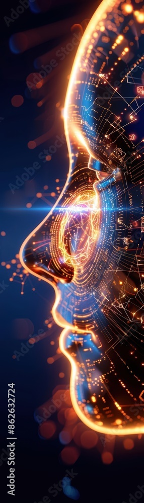 Fototapeta premium Futuristic digital profile of a human face with neon lights and intricate circuits, representing advanced technology and artificial intelligence.