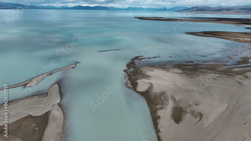 Aerial view of glacier river and mountains in serene Patagonia, Santa Cruz, Comandante Luis Piedrabuena, Argentina. photo