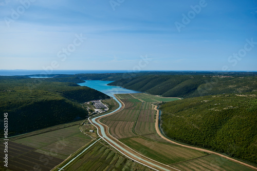 Aerial view of agricultural fields and coastline, Most Rasa, Istria, Croatia.